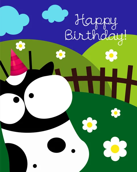 Carte d'anniversaire avec vache mignonne — Image vectorielle