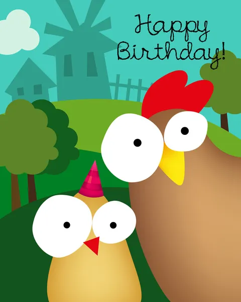 Carte d'anniversaire avec poule et poussin — Image vectorielle