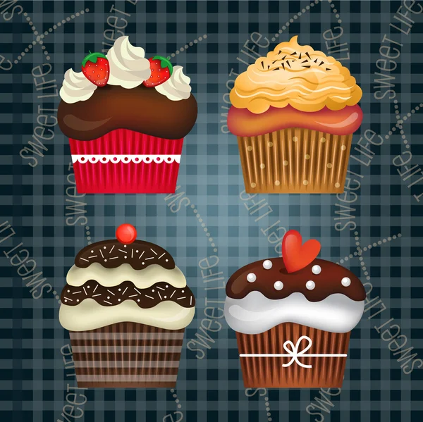 Deliciosos cupcakes con hermosas decoraciones — Vector de stock