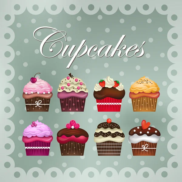 Deliciosos cupcakes con hermosas decoraciones — Vector de stock