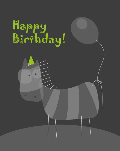 Tarjeta de cumpleaños con cebra sosteniendo un globo — Vector de stock