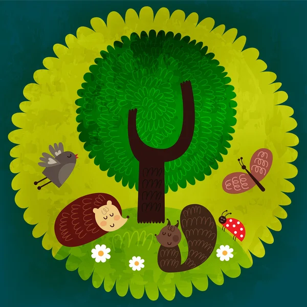 Illustration av en våren skog med olika djur — Stock vektor
