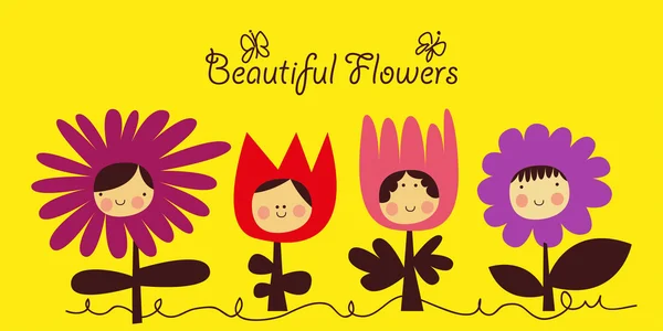 Flores con caras graciosas — Vector de stock