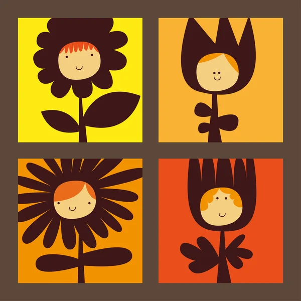 Flores con caras graciosas — Vector de stock