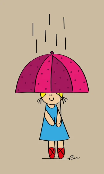Sevimli kız bir şemsiye yağmur altında tutan — Stok Vektör
