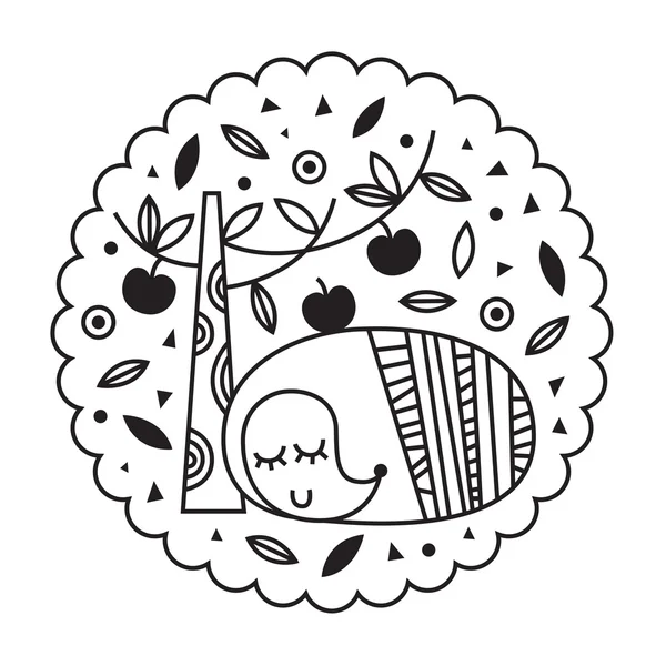 リンゴの木のそばに座ってかわいいハリネズミのビンテージ デザイン — ストックベクタ
