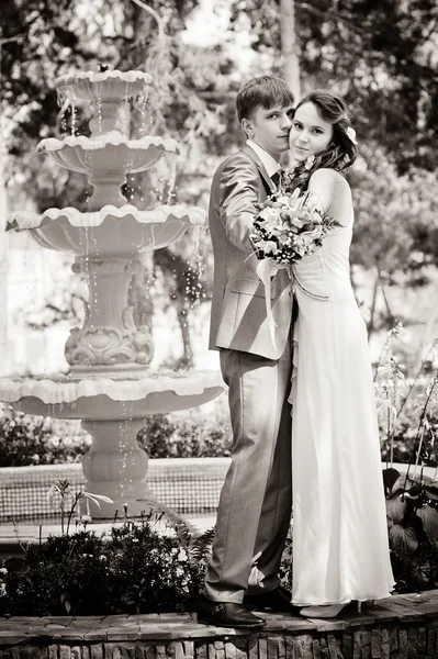 Brudgummen och bruden i en park — Stockfoto