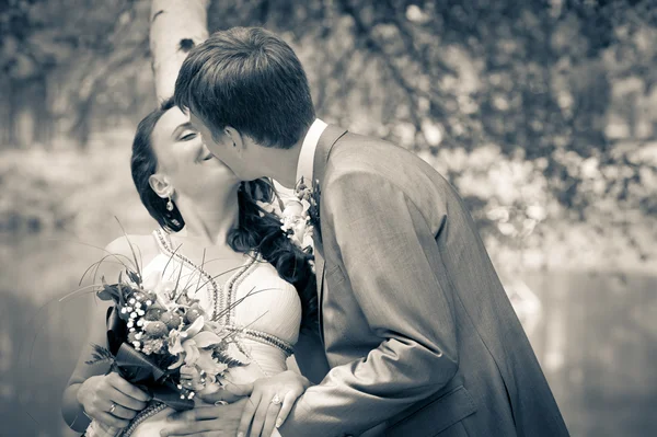 Bruid en bruidegom in een park — Stockfoto