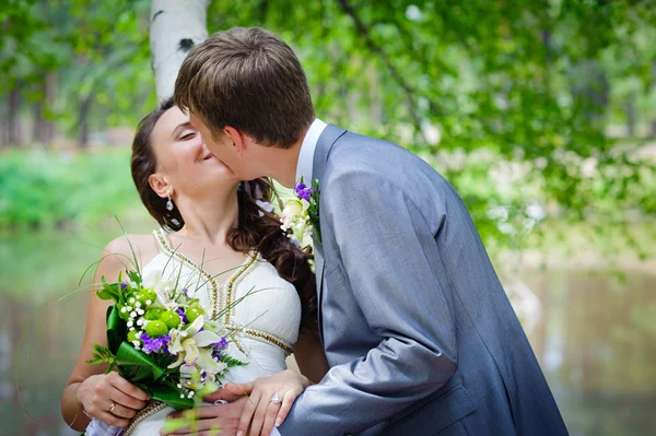 Novia y novio en un parque — Foto de Stock