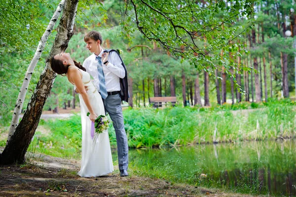 Sposo e sposa in un parco — Foto Stock