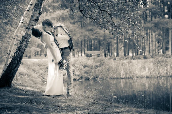 Sposo e sposa in un parco — Foto Stock