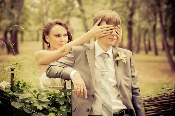 Groom and Bride in a park — Stock Photo, Image