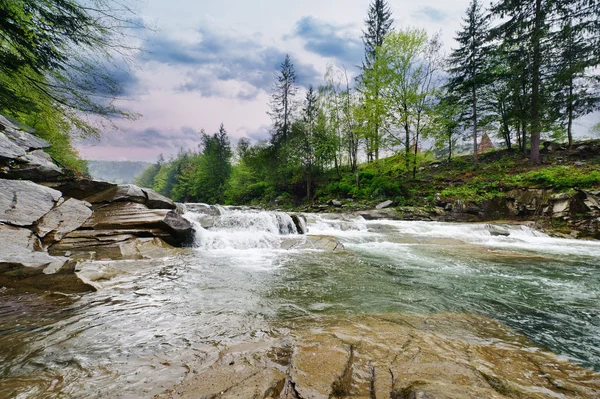 Río de montaña áspera con espuma blanca fluye entre las rocas y t —  Fotos de Stock