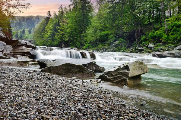 Río de montaña áspera con espuma blanca fluye entre las rocas y t —  Fotos de Stock