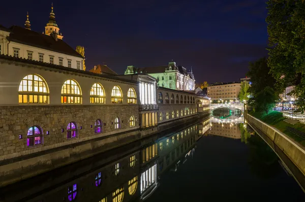 Ljubljana, a hármas-hídtól és a Ljubljanica folyó éjszaka — Stock Fotó