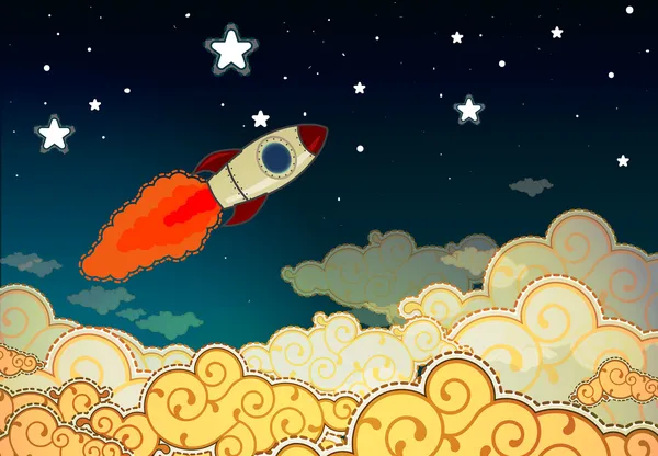 Foguete dos desenhos animados voando para as estrelas — Vetor de Stock
