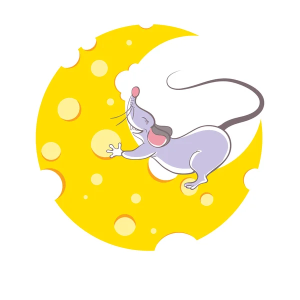 Ratón y queso de media luna, estilo de dibujos animados — Vector de stock