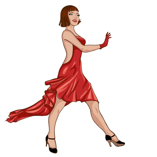 Νεαρή γυναίκα με κόκκινο φόρεμα, περπάτημα — Διανυσματικό Αρχείο