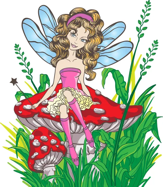 Little fairy sitting on the mushroom — Stock Vector