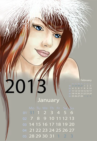 Mujer joven en sombrero de piel enero 2013 calendario — Archivo Imágenes Vectoriales