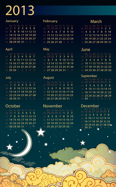 Stile cartone animato cielo notturno 2013 calendario — Vettoriale Stock