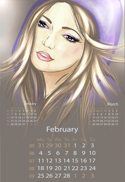 Mujer joven en la campana febrero 2013 calendario — Vector de stock