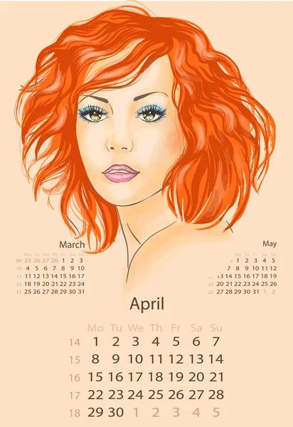 Красива руда жінка квітні 2013 календар — стоковий вектор
