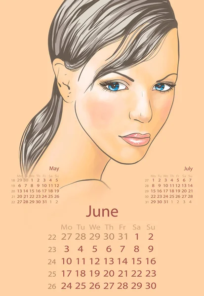 Července 2013 kalendář mladá krásná blondýnka — Stockový vektor
