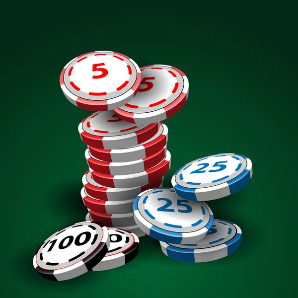 Pilhas de fichas de casino no fundo verde — Vetor de Stock