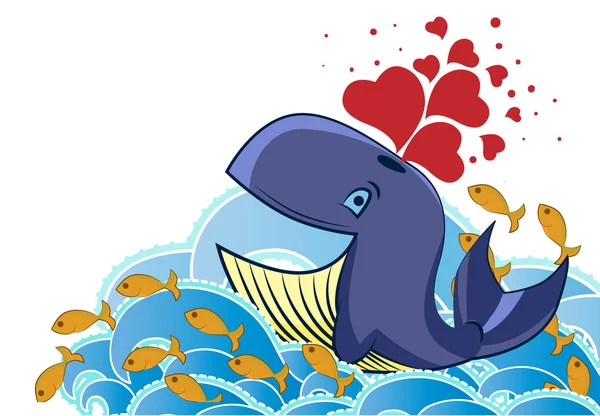 Estilo de dibujos animados ballena corazones estallando — Archivo Imágenes Vectoriales