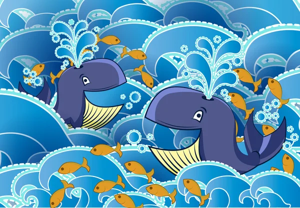 Two cartoon whales in the water — Stock Vector