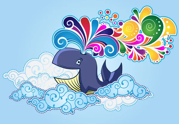 Ballena estilo dibujos animados volando en el cielo y el arco iris estallando — Vector de stock