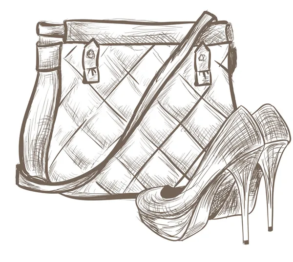 Bolso y zapatos de mujer bosquejo — Vector de stock