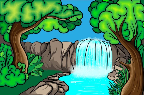 Cachoeira estilo desenhos animados na floresta — Vetor de Stock