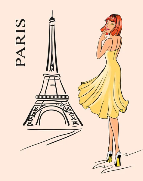 Paris. Menina e Torre Eiffel — Vetor de Stock