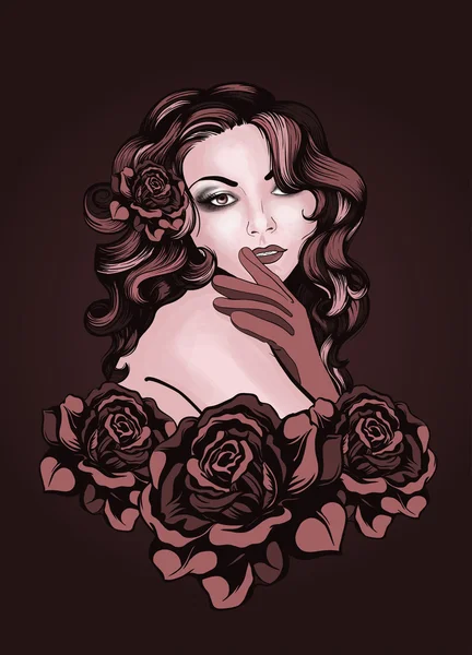 Joven dama de estilo vintage con rosas — Vector de stock