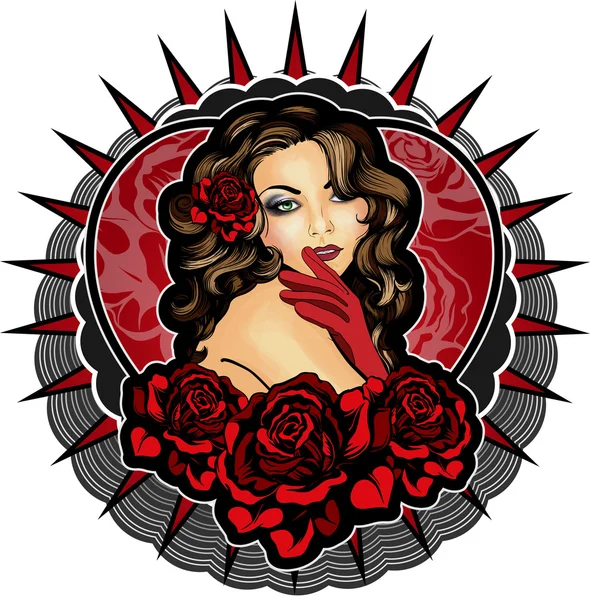 Jeune dame de style vintage avec des roses — Image vectorielle