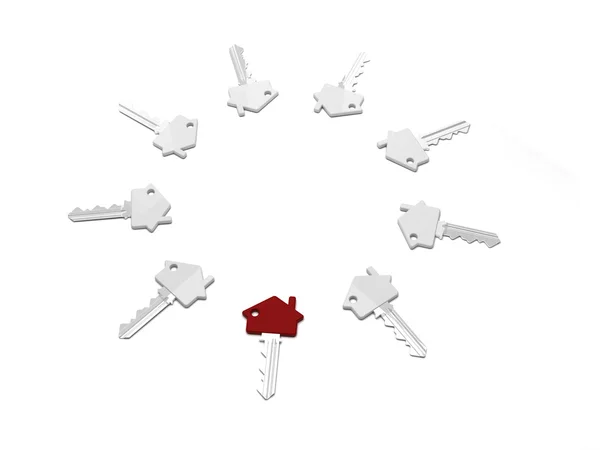 Skupina klíčů, kterým se v kruhu s jedním červeným klíčem — Stock fotografie