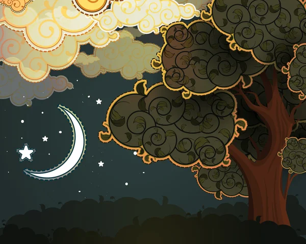 Nubes de dibujos animados, luna y árbol — Archivo Imágenes Vectoriales