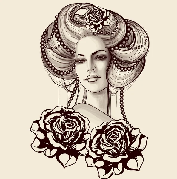 Vinage retrato de mujer joven con perlas y rosas — Vector de stock