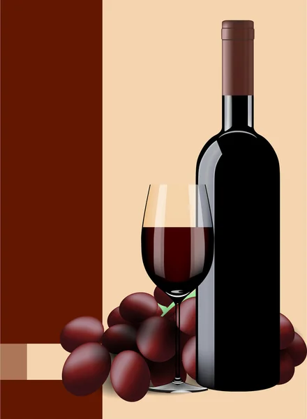 Fles, glas wijn en druiven — Stockvector