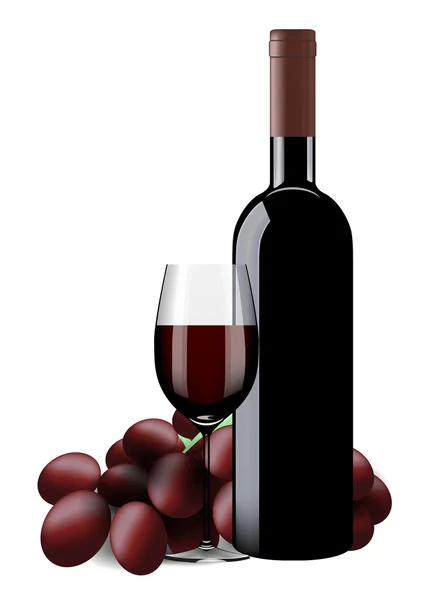 Botella, copa de vino y uvas aisladas — Vector de stock