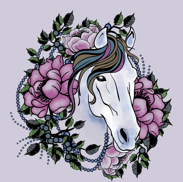 Koňské hlavy s květinami — Stockový vektor