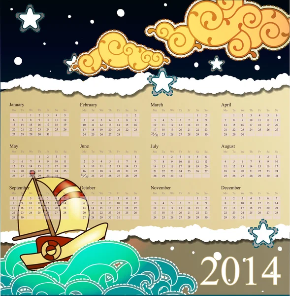 Calendário 2014. Desenhos animados navio stile navegando na noite — Vetor de Stock