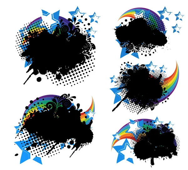 Grunge splatters, rainbows and stars set — Stock Vector