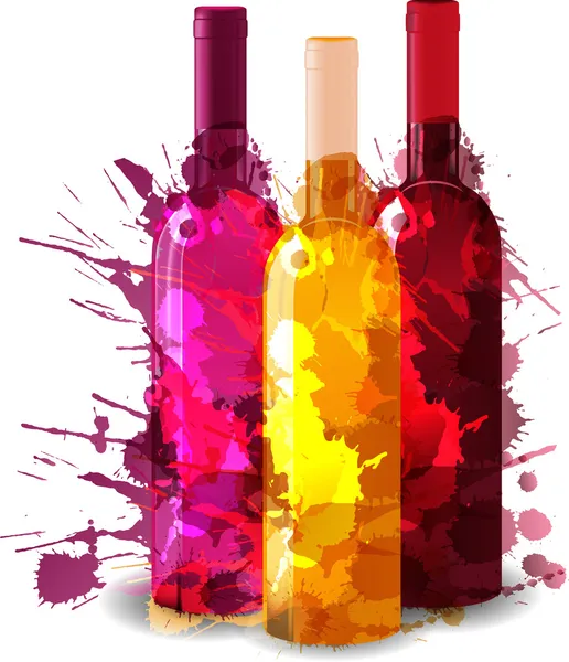 Group of wine bottles vith grunge splashes. Red, rose and white. — Stock Vector