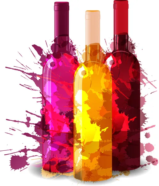 Group of wine bottles vith grunge splashes. Red, rose and white. Vector Graphics