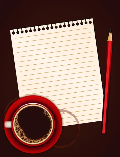 Czerwony kubek kawy, pusta notatka papier i ołówek — Wektor stockowy