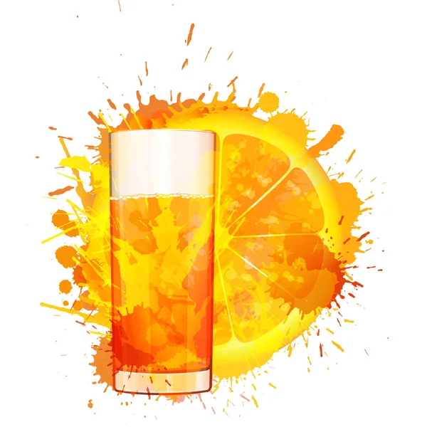 Rebanada de naranja y vaso de jugo de naranja hecho de salpicaduras de colores sobre fondo blanco — Vector de stock