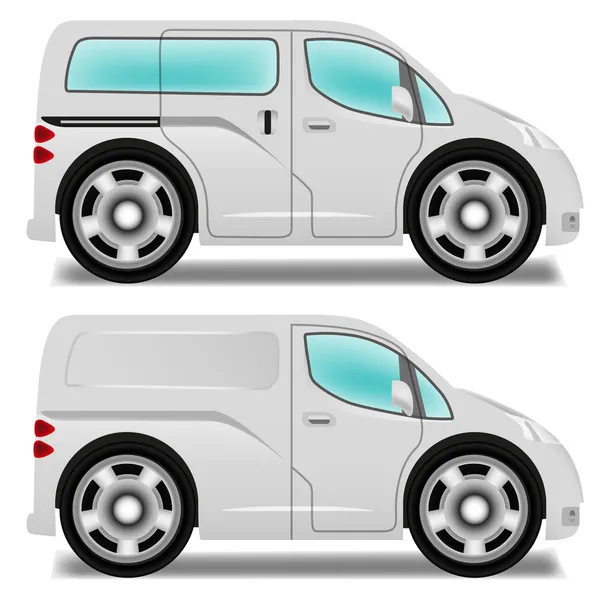 Minibús de dibujos animados y furgoneta de reparto con ruedas grandes — Vector de stock